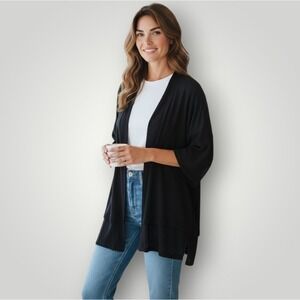 Chico's‎ Travelers Black Open Front Cardigan 3 (16/18) Mesh Trim Drape Jack